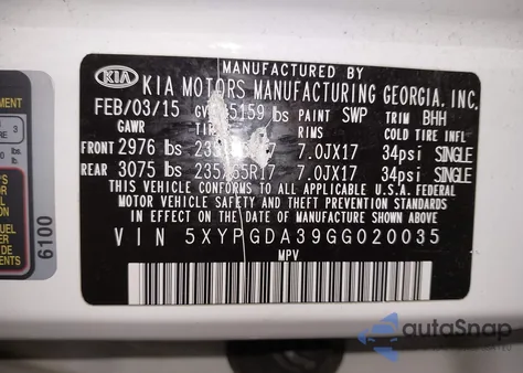 2016 Kia Sorento 2.4L Lx из США, поврежденный, VIN 5XYPGDA39GG020035